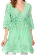 Sakkas Raestelle Long Tall Embroidered Button Up Adjustable Tunic Blouse Top#color_Mint