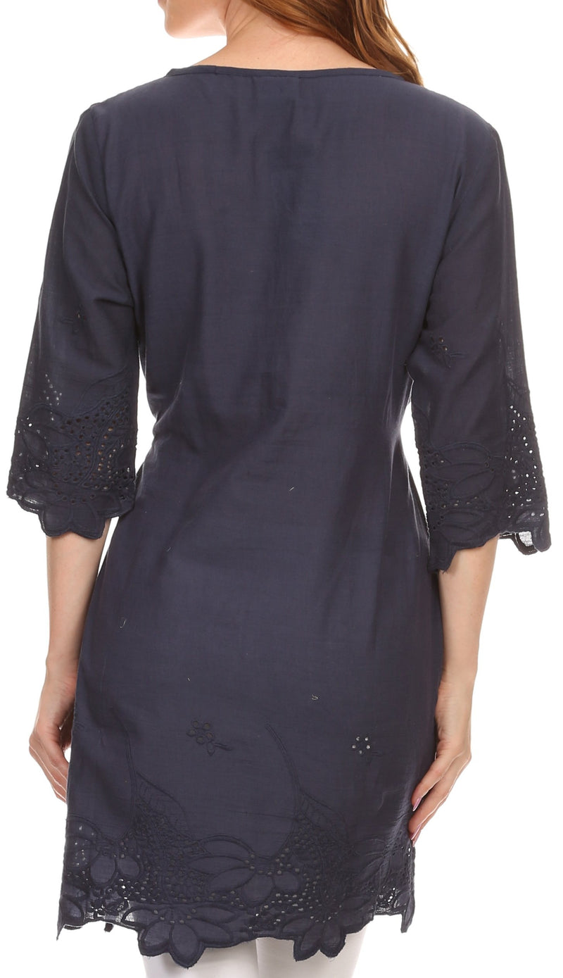 Sakkas Raestelle Long Tall Embroidered Button Up Adjustable Tunic Blouse Top