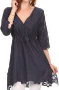Sakkas Raestelle Long Tall Embroidered Button Up Adjustable Tunic Blouse Top#color_Navy