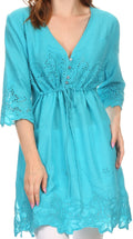 Sakkas Raestelle Long Tall Embroidered Button Up Adjustable Tunic Blouse Top#color_Turquoise