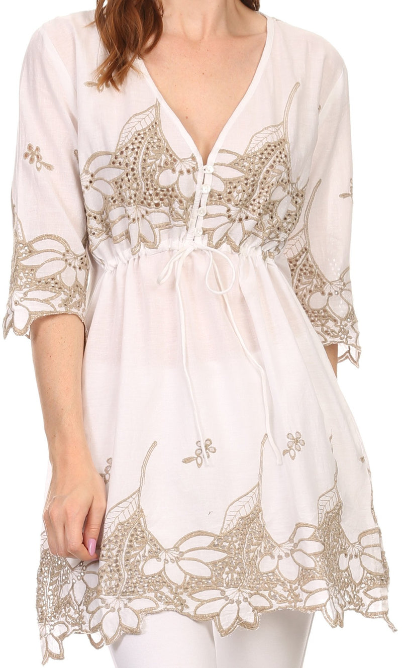 Sakkas Raestelle Long Tall Embroidered Button Up Adjustable Tunic Blouse Top