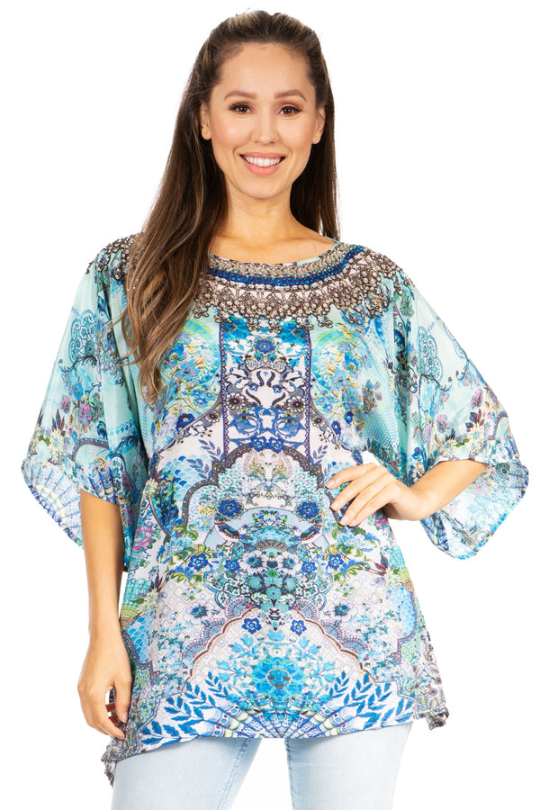 Sakkas Marina Women's Casual Short Sleeve Blouse Top Tunic Loose Floral Round Neck#color_553-Turquoise
