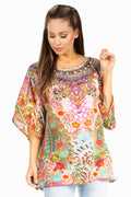 Sakkas Marina Women's Casual Short Sleeve Blouse Top Tunic Loose Floral Round Neck#color_554-Multi