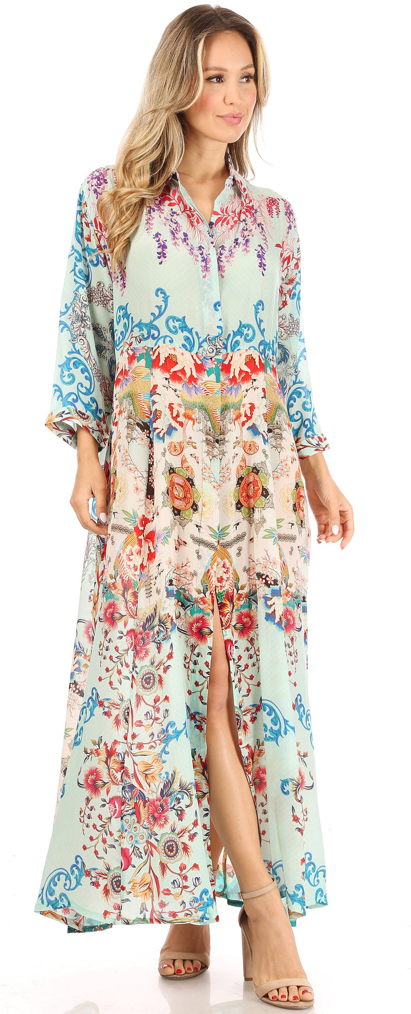 Sakkas Zuri Women's Casual Button Down Shirt Dress Caftan 3/4 Sleeve Floral Print