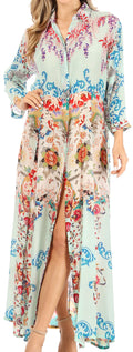 Sakkas Zuri Women's Casual Button Down Shirt Dress Caftan 3/4 Sleeve Floral Print#color_492