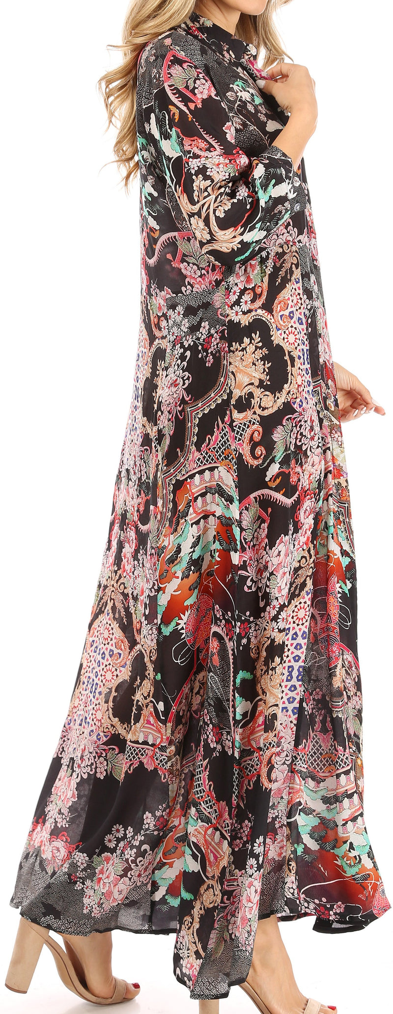 Sakkas Zuri Women's Casual Button Down Shirt Dress Caftan 3/4 Sleeve Floral Print