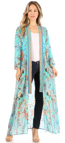 Sakkas Iona Women's Casual Boho Long Kimono Cardigan Open Front Floral Print Loose