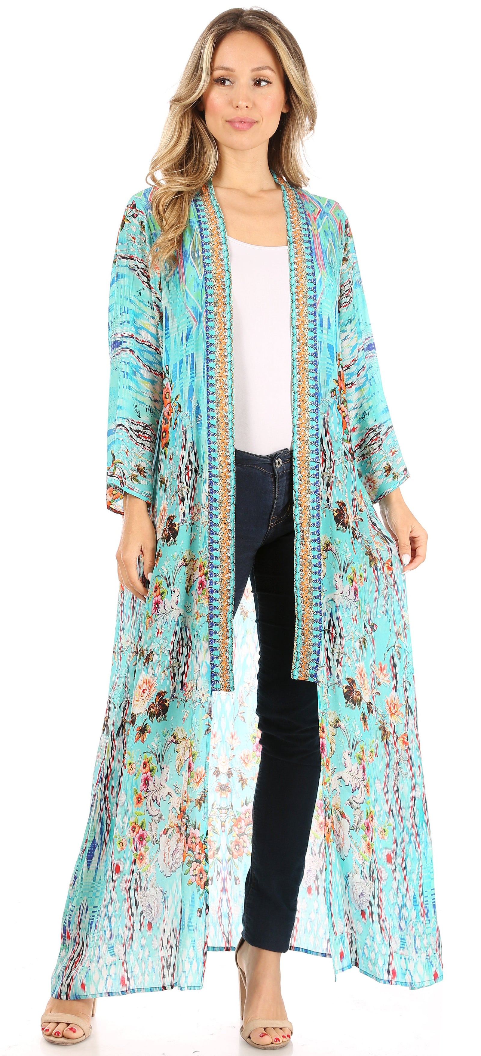 Sakkas Jenna Women's Casual Boho Sheer Kimono Loose Cardigan Cape Trendy Printed