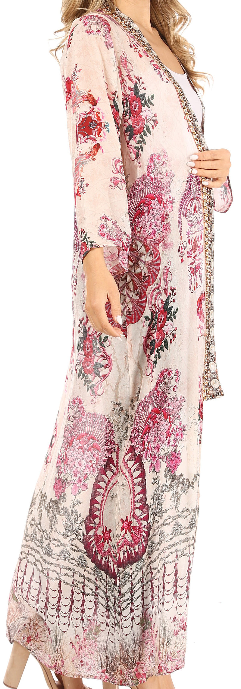 Sakkas Iona Women's Casual Boho Long Kimono Cardigan Open Front Floral Print Loose