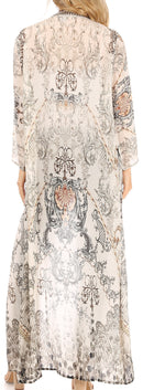 Sakkas Iona Women's Casual Boho Long Kimono Cardigan Open Front Floral Print Loose