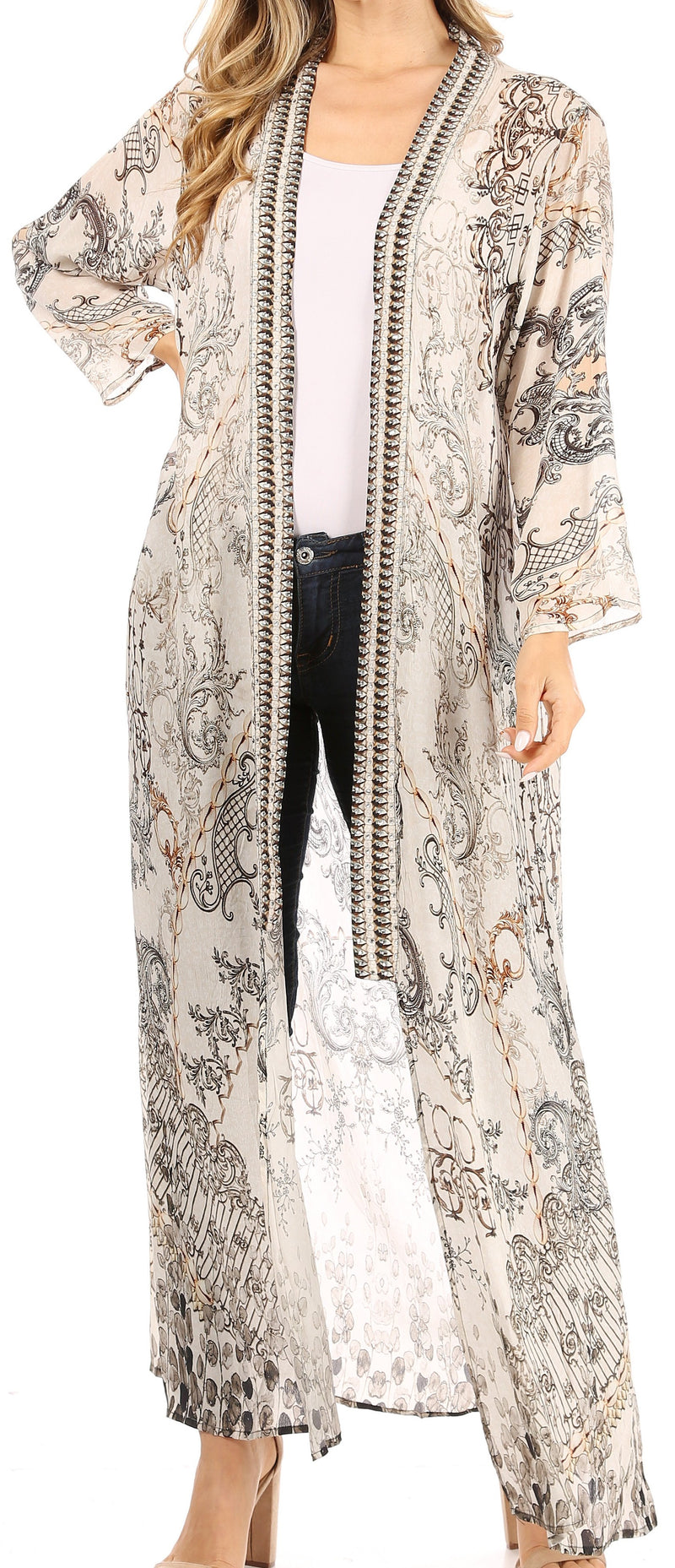 Sakkas Iona Women's Casual Boho Long Kimono Cardigan Open Front Floral Print Loose