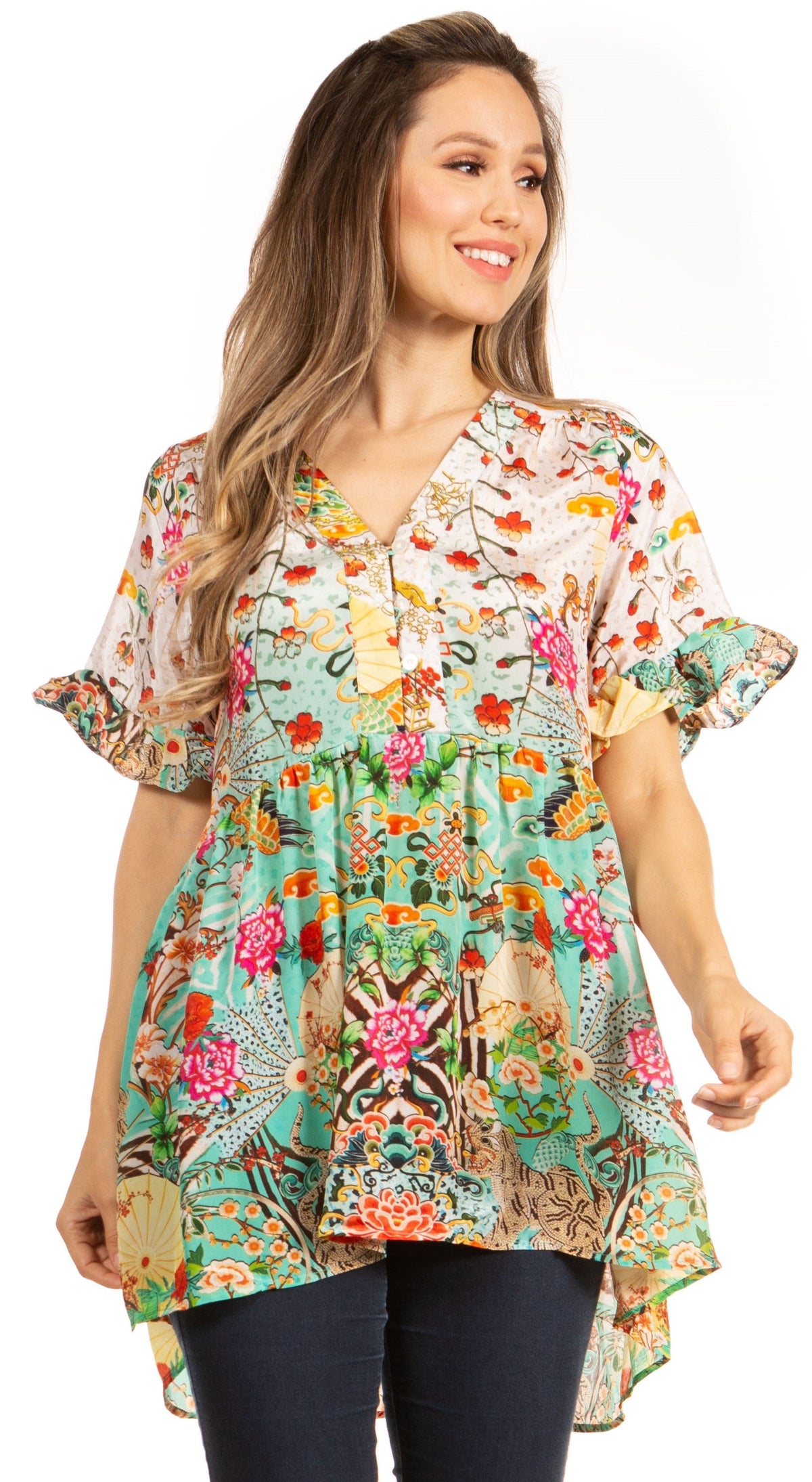 Get Summer Ready with Sakkas Eli Women's Floral Ruffle Top Blouse Tuni