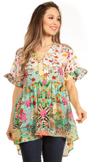 Sakkas Eli Women's Casual V neck Swing Ruffle Short Sleeve Top Blouse Tunic Floral