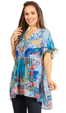 Sakkas Eli Women's Casual V neck Swing Ruffle Short Sleeve Top Blouse Tunic Floral