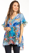 Sakkas Eli Women's Casual V neck Swing Ruffle Short Sleeve Top Blouse Tunic Floral#color_587-Blue