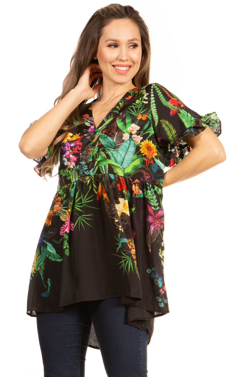 Sakkas Eli Women's Casual V neck Swing Ruffle Short Sleeve Top Blouse Tunic Floral