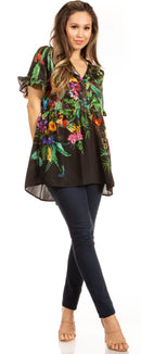 Sakkas Eli Women's Casual V neck Swing Ruffle Short Sleeve Top Blouse Tunic Floral