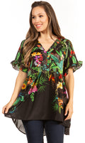 Sakkas Eli Women's Casual V neck Swing Ruffle Short Sleeve Top Blouse Tunic Floral#color_588-Black