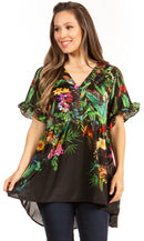 Sakkas Eli Women's Casual V neck Swing Ruffle Short Sleeve Top Blouse Tunic Floral