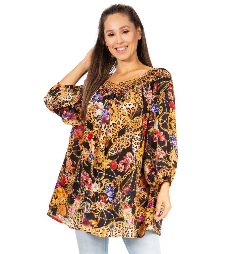 Sakkas Darsy Women's Pirate Boho Loose Floral Print Top Blouse Long Sleeve Trendy