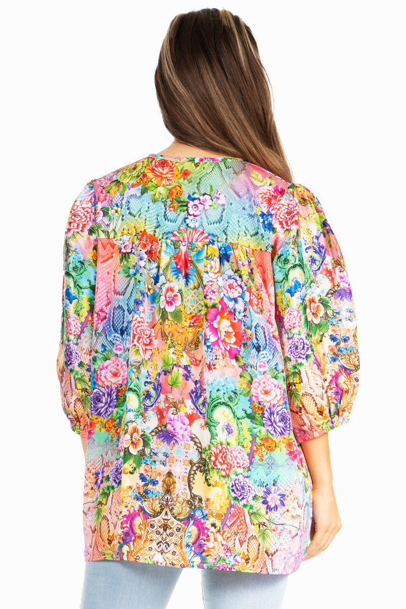 Sakkas Ligia Women's 3/4 Sleeve Casual Floral Loose Tunic Blouse Shirt Round Neck