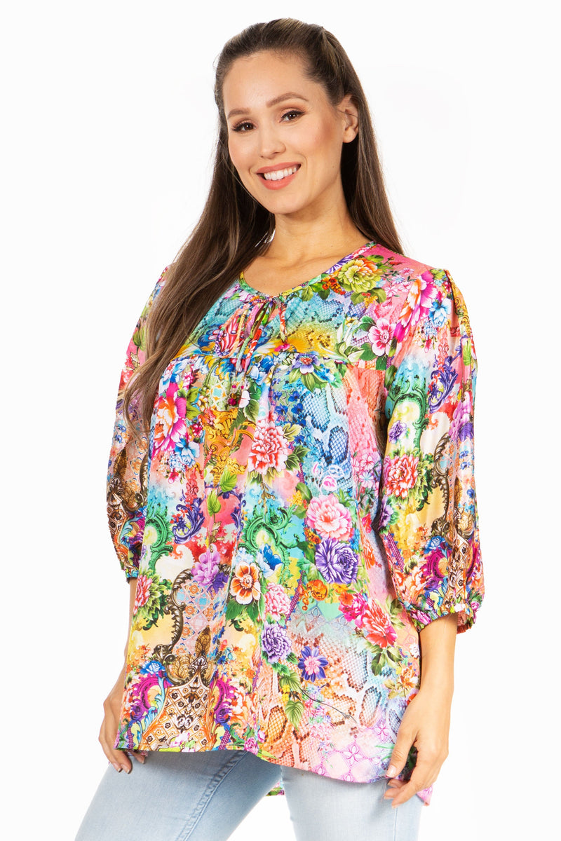 Sakkas Ligia Women's 3/4 Sleeve Casual Floral Loose Tunic Blouse Shirt Round Neck