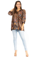 Sakkas Ligia Women's 3/4 Sleeve Casual Floral Loose Tunic Blouse Shirt Round Neck