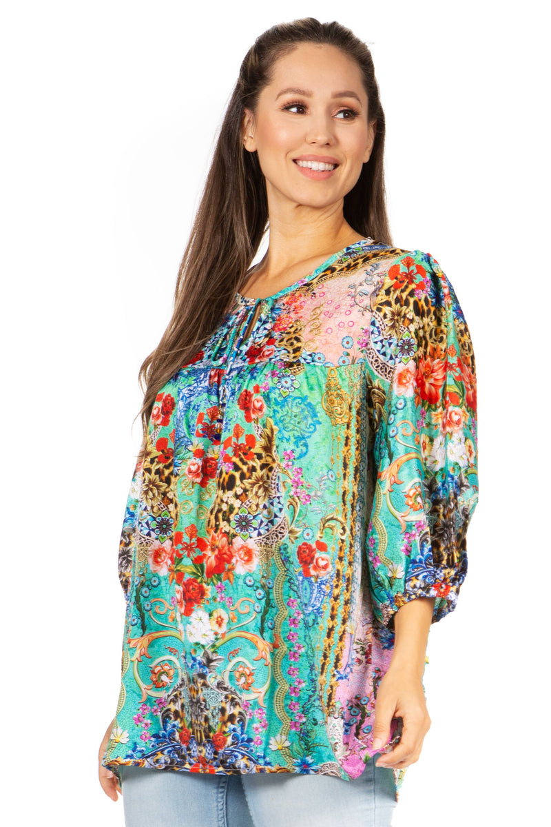 Sakkas Ligia Women's 3/4 Sleeve Casual Floral Loose Tunic Blouse Shirt Round Neck