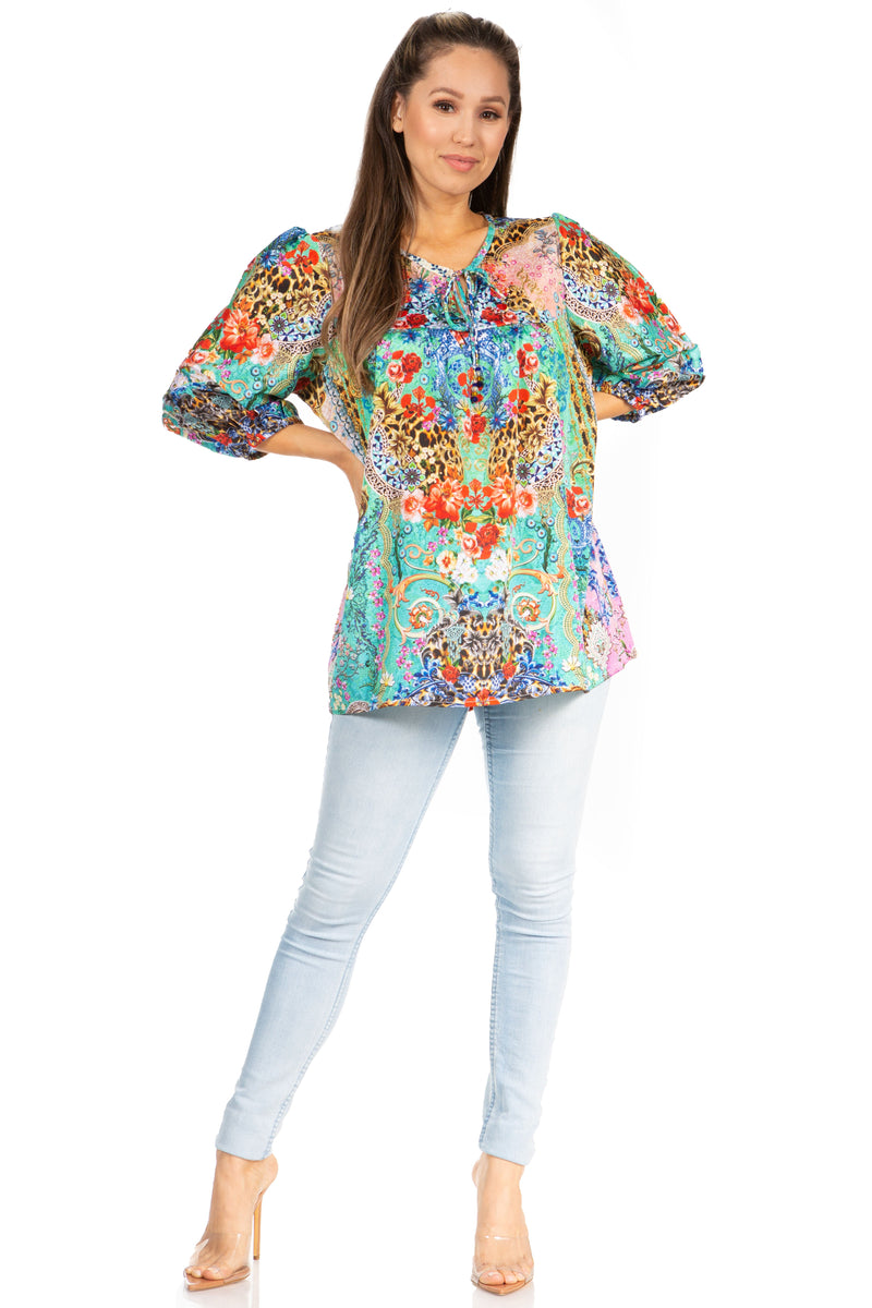 Sakkas Ligia Women's 3/4 Sleeve Casual Floral Loose Tunic Blouse Shirt Round Neck