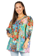 Sakkas Ligia Women's 3/4 Sleeve Casual Floral Loose Tunic Blouse Shirt Round Neck#color_552-Multi