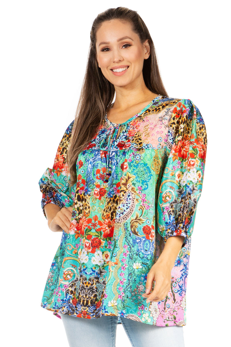 Sakkas Ligia Women's 3/4 Sleeve Casual Floral Loose Tunic Blouse Shirt Round Neck