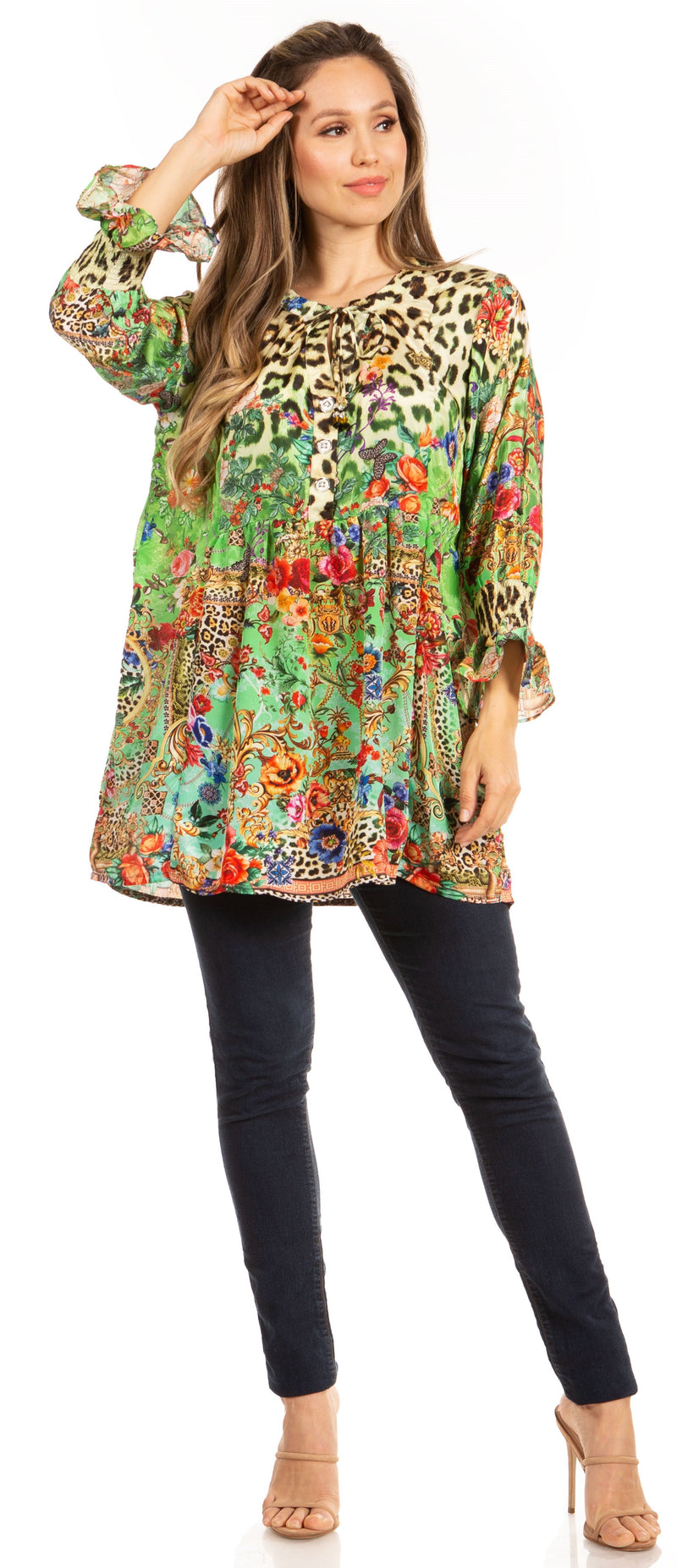 Sakkas Elvira Women's Loose Long Sleeve Swing Top Tunic Blouse Floral Scoop Neck