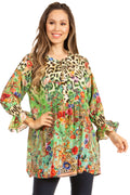 Sakkas Elvira Women's Loose Long Sleeve Swing Top Tunic Blouse Floral Scoop Neck#color_595-Green