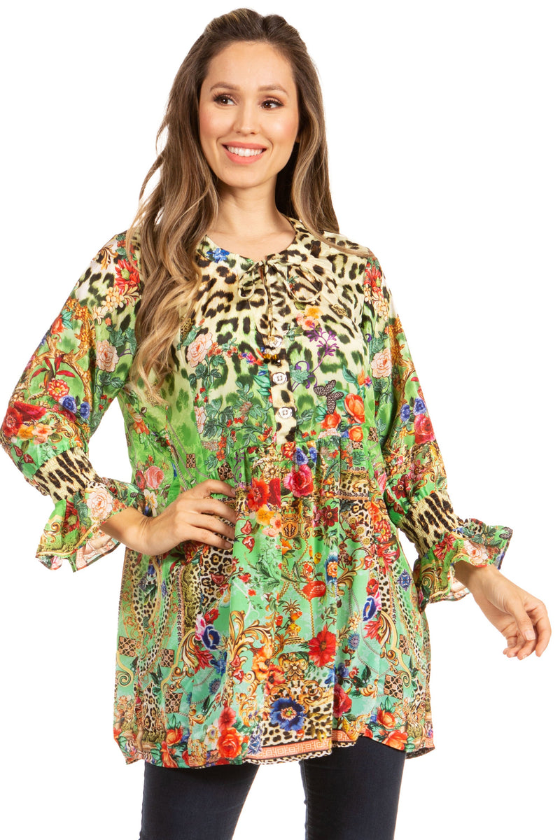 Sakkas Elvira Women's Loose Long Sleeve Swing Top Tunic Blouse Floral Scoop Neck