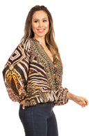 Sakkas Sante Women's Boho Loose V neck Long Sleeve Elastic Tunic Top Blouse Floral