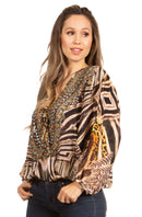 Sakkas Sante Women's Boho Loose V neck Long Sleeve Elastic Tunic Top Blouse Floral