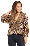 Sakkas Sante Women's Boho Loose V neck Long Sleeve Elastic Tunic Top Blouse Floral