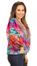 Sakkas Sante Women's Boho Loose V neck Long Sleeve Elastic Tunic Top Blouse Floral