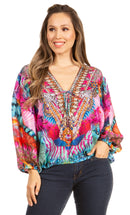 Sakkas Sante Women's Boho Loose V neck Long Sleeve Elastic Tunic Top Blouse Floral