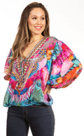 Sakkas Sante Women's Boho Loose V neck Long Sleeve Elastic Tunic Top Blouse Floral#color_584-Pink