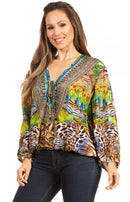 Sakkas Sante Women's Boho Loose V neck Long Sleeve Elastic Tunic Top Blouse Floral