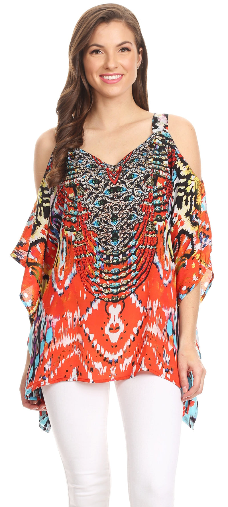 Sakkas Saanvi Printed Draped Short Sleeve Strap Cutout Shoulder V-Neck Kaftan Top