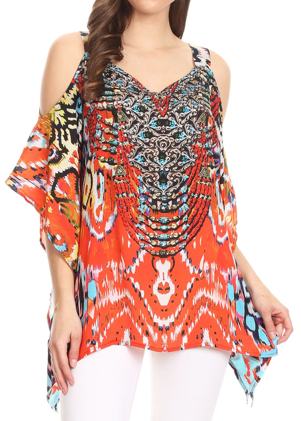 Sakkas Saanvi Printed Draped Short Sleeve Strap Cutout Shoulder V-Neck Kaftan Top#color_IR2-Red