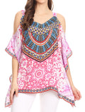 Sakkas Saanvi Printed Draped Short Sleeve Strap Cutout Shoulder V-Neck Kaftan Top#color_MM114-Multi