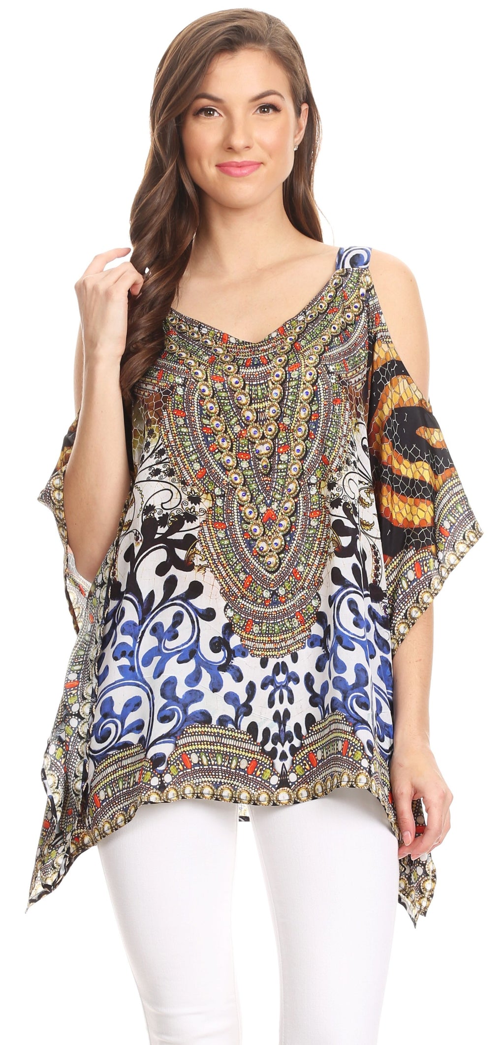 Sakkas Saanvi Printed Draped Short Sleeve Strap Cutout Shoulder V-Neck