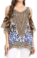 Sakkas Saanvi Printed Draped Short Sleeve Strap Cutout Shoulder V-Neck Kaftan Top#color_OW15-White