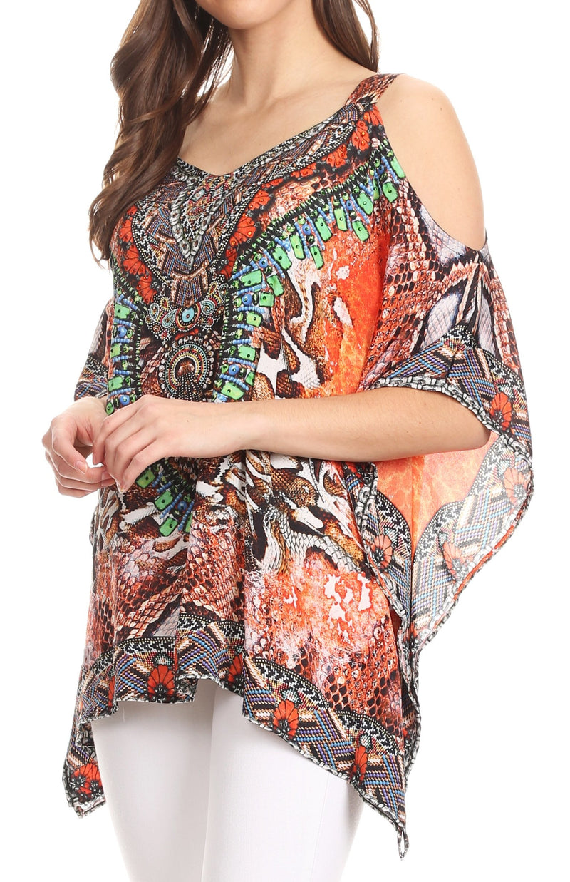 Sakkas Saanvi Printed Draped Short Sleeve Strap Cutout Shoulder V-Neck Kaftan Top