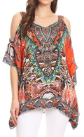 Sakkas Saanvi Printed Draped Short Sleeve Strap Cutout Shoulder V-Neck Kaftan Top#color_SR8-Red