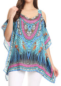 Sakkas Saanvi Printed Draped Short Sleeve Strap Cutout Shoulder V-Neck Kaftan Top#color_ST40-Turquoise