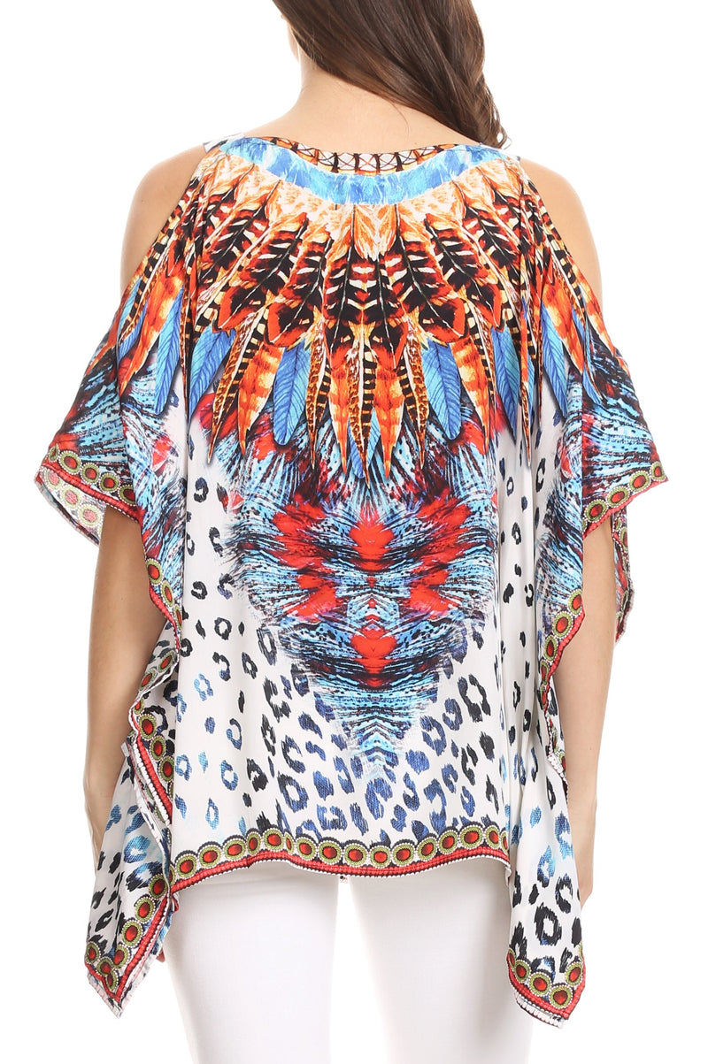 Sakkas Saanvi Printed Draped Short Sleeve Strap Cutout Shoulder V-Neck Kaftan Top